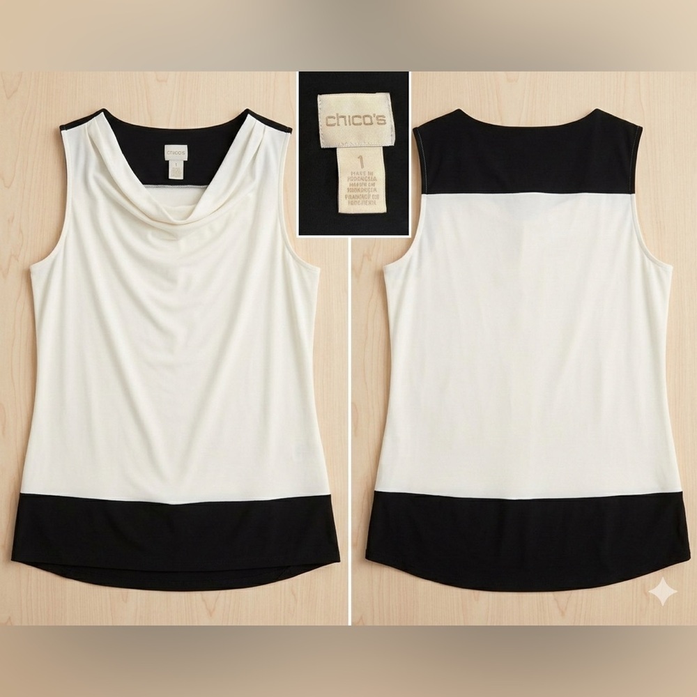 Chico's Elegant Black and White Cowl Neck Blouse